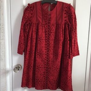 Zara 3/4 sleeve eyelet mini dress with pompoms